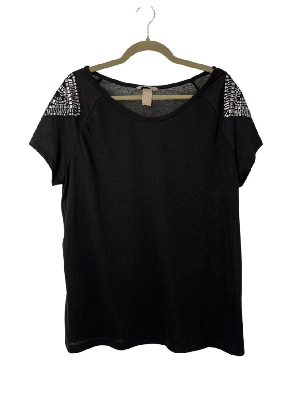 H&M Black Embellished Short Sleeve Blouse Women's XL Used Polyester Linen